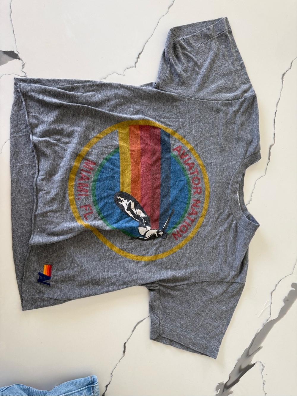 Aviator Nation Kids Heather Gray Tee with Retro Rainbow Seal Graphic